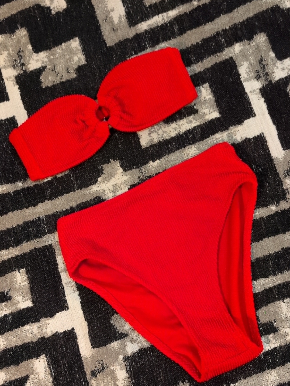 J. Crew Red Ribbed Bandeau Bikini Set with Ring Detail